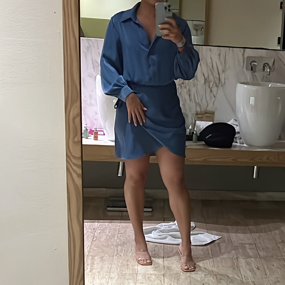 Zara Blue Long Sleeve Notched Collar Dress